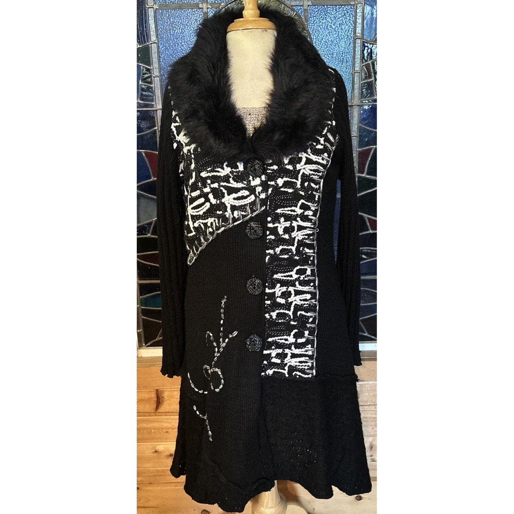 Karen Hart Black Knit Cardigan Jacket Women's  Art To Wear Faux Fur Collar Med